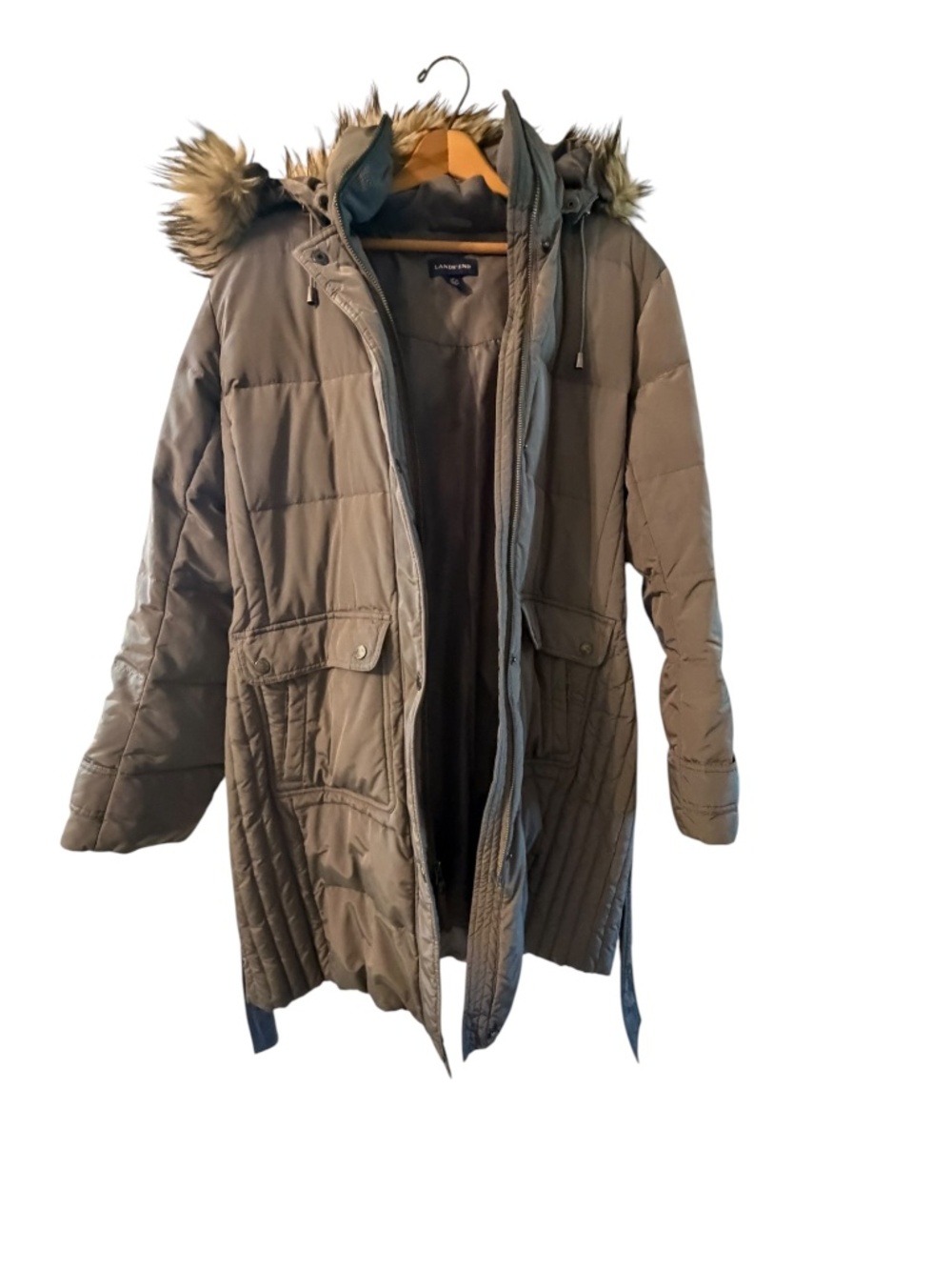 Lands’ End Womens Insulated Parka Coat Faux Fur Hood Belted Size L 14-16